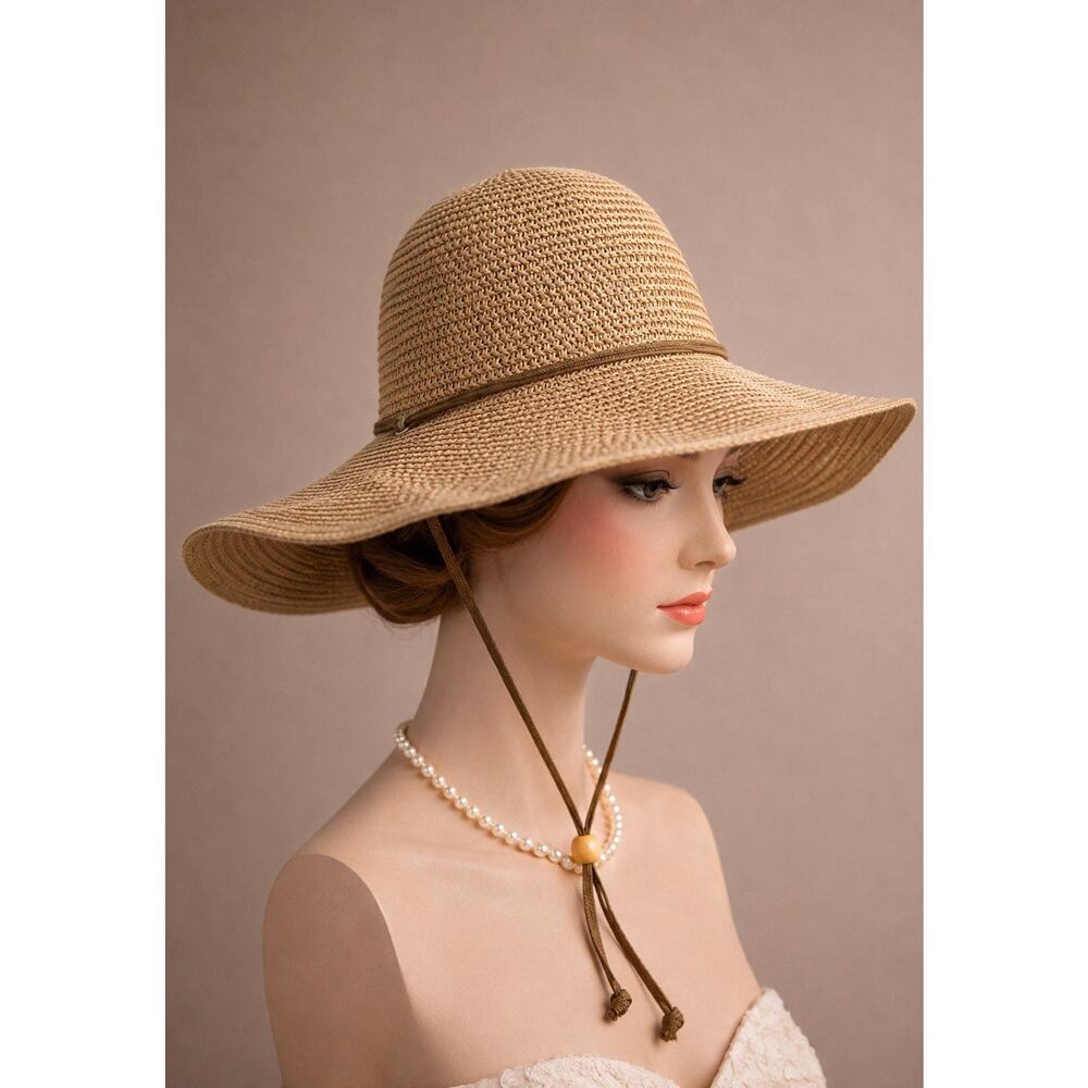 Wide Brim Straw Sun Hat Chin Strap Beach Boho Packable Safari Travel Hat